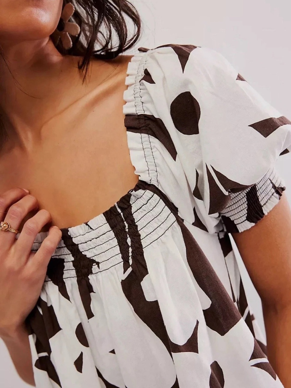 Free People Mika Brown and White Floral Puff-Sleeve Mini Dress NWT - Picture 4 of 8